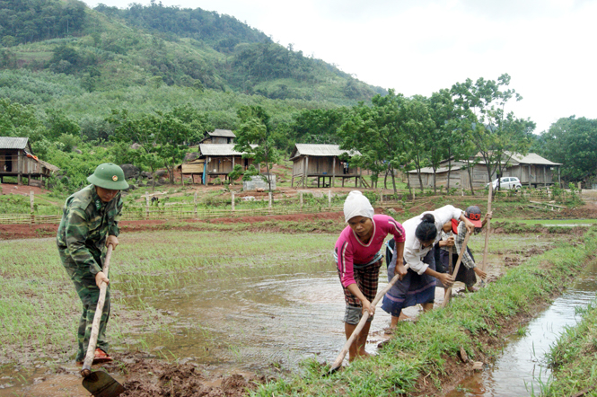 Bộ đội Biên phòng cùng bà con dân bản làm đất chuẩn bị xuống giống vụ mùa thứ 3.