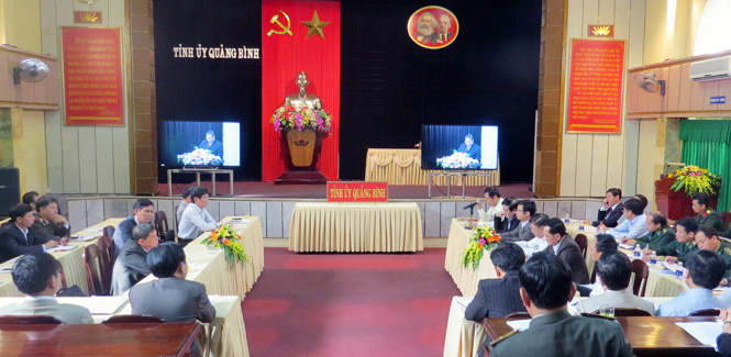 Toàn cảnh hội nghị trực tuyến tại điểm cầu tỉnh Quảng Bình.