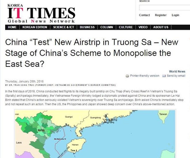 Bài viết của Tiến sỹ Trần Công Trục đăng trên tờ Korea IT Times ngày 28/1.