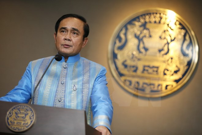 Thủ tướng Thái Lan Prayut Chan-o-cha trong cuộc họp báo sau cuộc họp nội các tuần ở Bangkok ngày 9-8. (Nguồn: EPA/TTXVN)