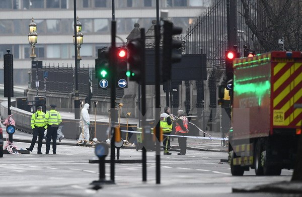 Nhân viên điều tra tại hiện trường vụ tấn công bên ngoài tòa nhà Quốc hội Anh ở London ngày 23/3. (Nguồn: AFP/TTXVN)
