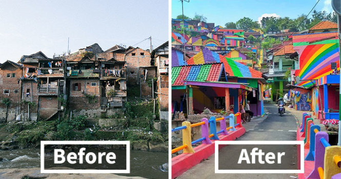Làng Kampung Pelangi trước và sau khi được 'khoác áo mới'.
