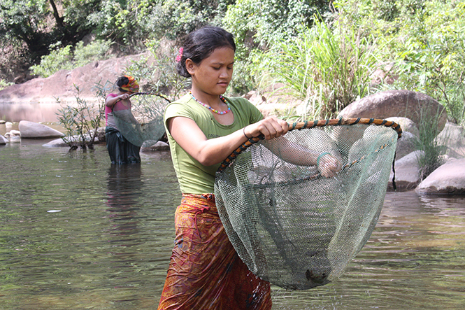 Phía đầu bản Dốc Mây, những phụ nữ Vân Kiều trầm mình trong suối bắt cá, bắt ốc mưu sinh.