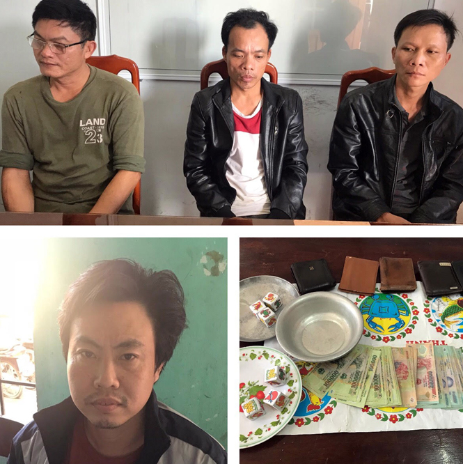 Các đối tượng và tang vật vụ đánh bạc.