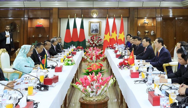Chủ tịch nước Trần Đại Quang hội đàm với Thủ tướng Cộng hòa Nhân dân Bangladesh Sheikh Hasina. (Ảnh: Nhan Sáng/TTXVN)