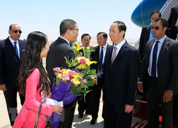 Các quan chức chính quyền tỉnh Luxor đón Chủ tịch nước Trần Đại Quang và Phu nhân tại sân bay quốc tế Luxor. (Ảnh: Nhan Sáng/TTXVN)