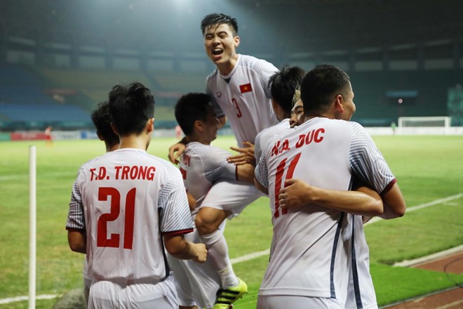 Olympic Việt Nam giành chiến thắng lịch sử. (Ảnh: Trọng Tuệ/TTXVN)
