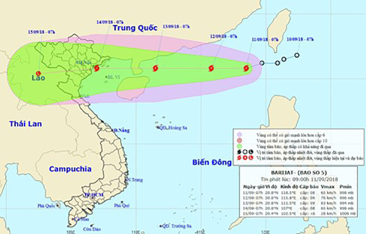 Hướng di chuyển của bão số 5 - BARIJAT.