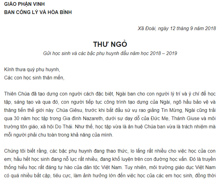 Thư ngỏ của Tiểu ban công lý và hòa bình Giáo phận Vinh.
