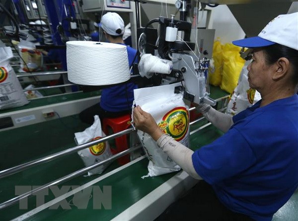 Dây chuyền đóng gói sản phẩm gạo xuất khẩu tại Công ty. (Ảnh: Vũ Sinh/TTXVN)