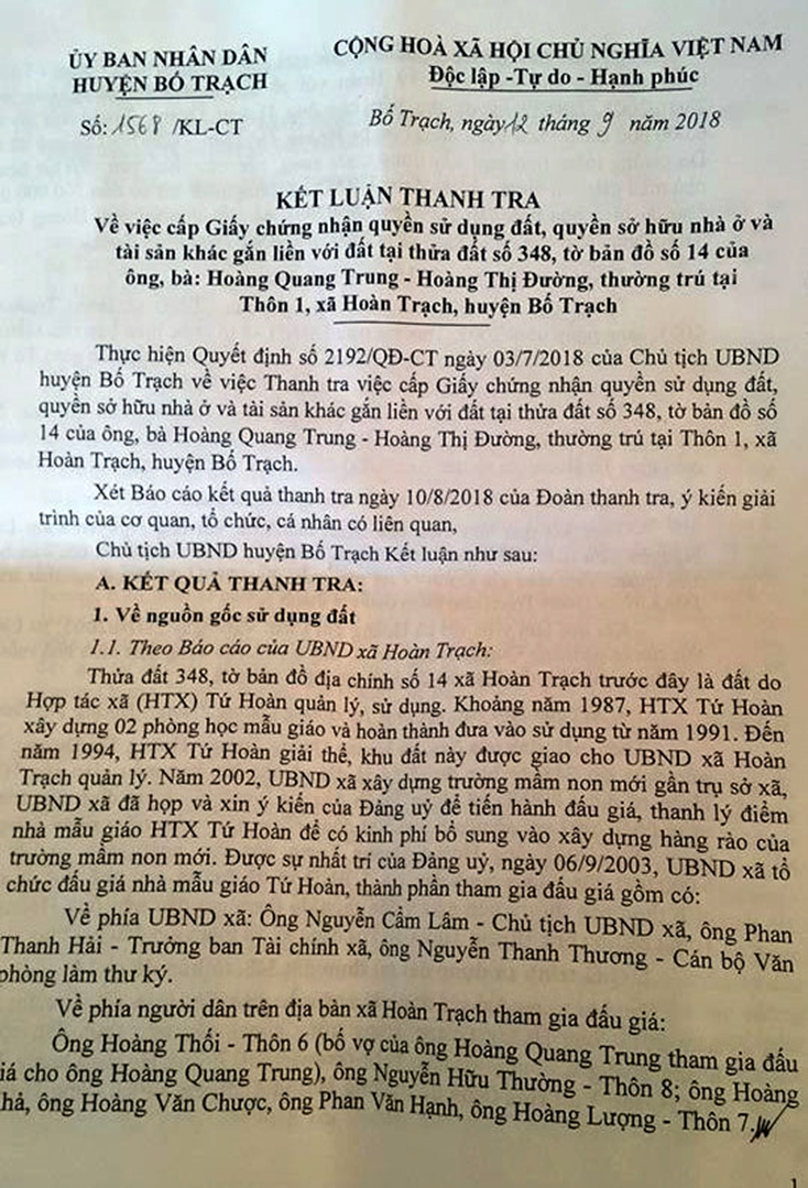 Kết luận thanh tra số 1568/KL-CT của UBND huyện Bố Trạch chỉ ra nhiều sai phạm của ông Hoàng Quang Trung trong lĩnh vực đất đai.   