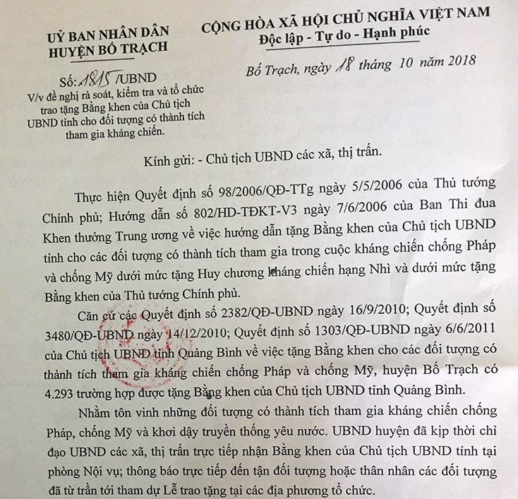 Ảnh 2: Công văn của UBND huyện Bố Trạch yêu cầu các địa phương rà soát việc tổ chức trao tặng bằng khen của Chủ tịch UBND tỉnh cho các đối tượng có thành tích tham gia kháng chiến.