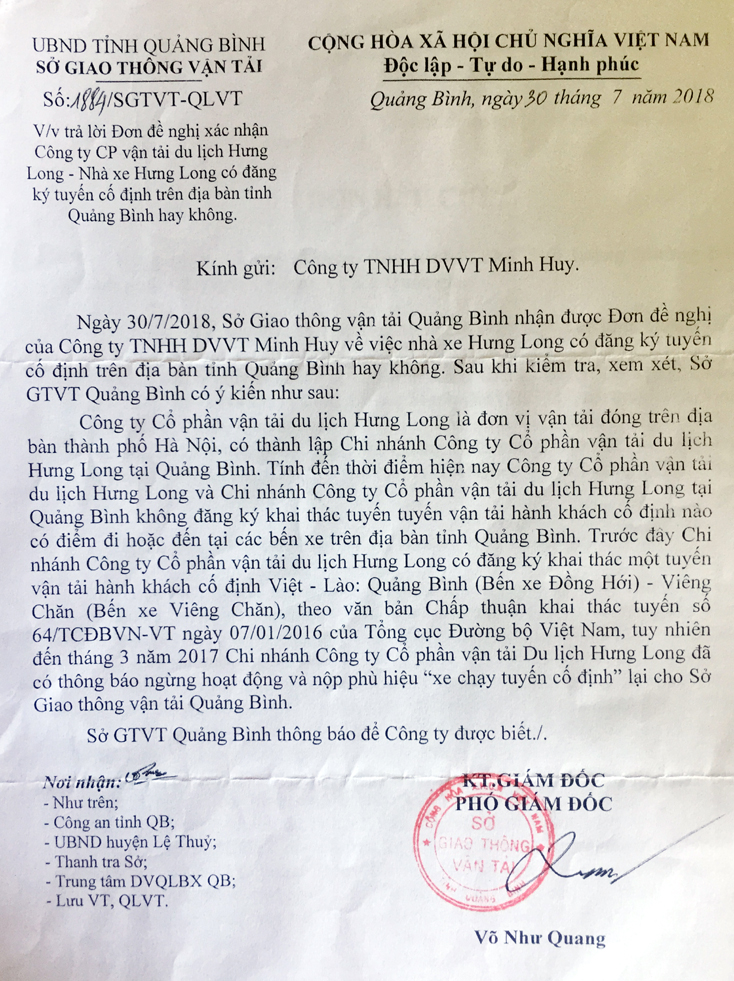 Công văn xác nhận việc nhà xe Hưng Long không đăng ký khai thác tuyến cố định trên địa bàn tỉnh Quảng Bình nhưng vẫn có hoạt động bán vé.