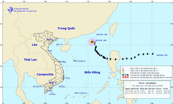 Vị trí và đường đi của vùng áp thấp. (Nguồn: Trung tâm Dự báo Khí tượng Thủy văn Quốc gia)