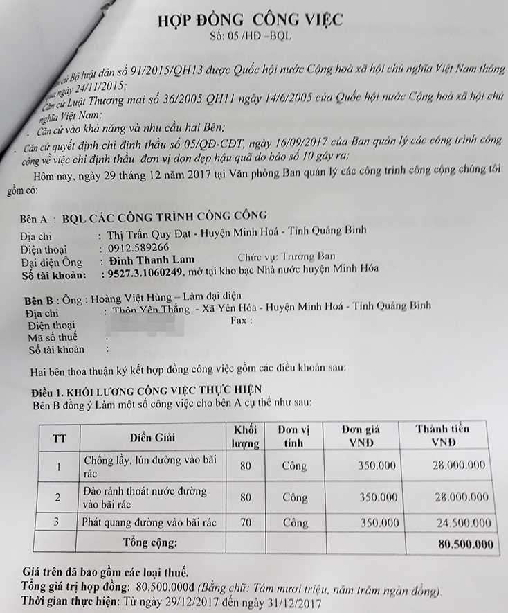 LOPHợp đồng công việc giữa Ban quản lý CCTCC huyện Minh Hóa với ông Hoàng Việt Hùng.