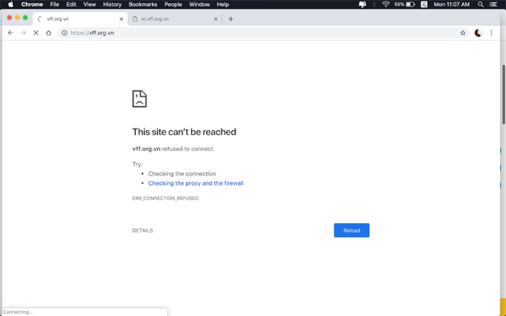 Trang web của Liên đoàn Bóng đá Việt Nam đang trong tình trạng không thể truy cập. (Ảnh chụp màn hình)