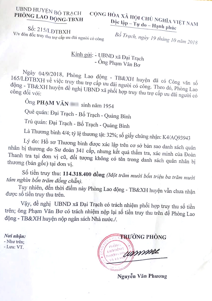 Quyết định truy thu trợ cấp ưu đãi người có công của 1 trường hợp lên đến hàng trăm triệu đồng. 