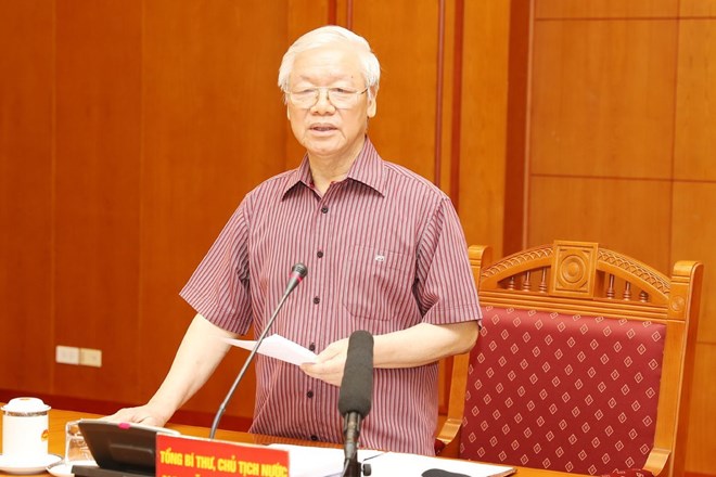 Tổng Bí thư, Chủ tịch nước Nguyễn Phú Trọng, Trưởng Tiểu ban Văn kiện phát biểu kết luận cuộc họp. (Ảnh: Trí Dũng/TTXVN)