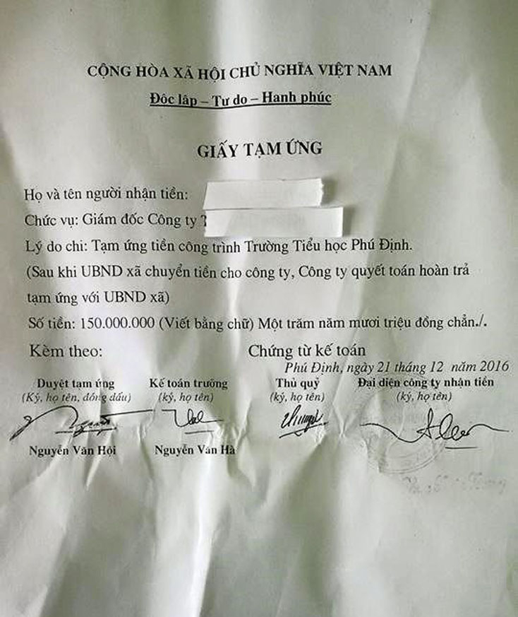 Giao dịch cho và mượn tiền giữa UBND xã Phú Định và doanh nghiệp có nhiều sai sót