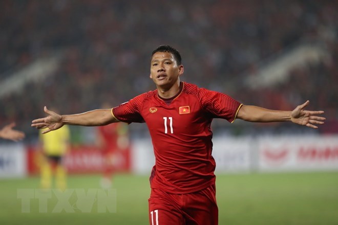 Anh Đức ăn mừng sau khi ghi bàn ở trận chung kết lượt về AFF Suzuki Cup 2018. (Ảnh: Trọng Đạt/TTXVN)