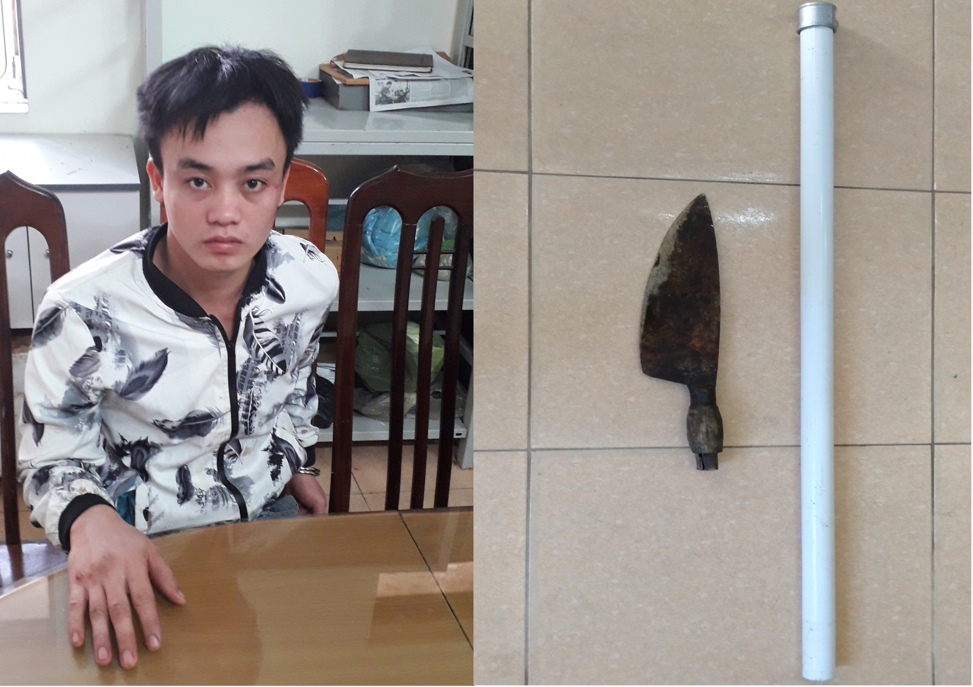 Đối tượng Nguyễn Hải Quân và hung khí chém anh Nguyễn Văn Phương, công an xã Đức Hóa, Tuyên Hóa trọng thương