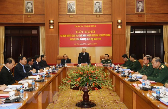Tổng Bí thư, Chủ tịch nước Nguyễn Phú Trọng, Bí thư Quân ủy Trung ương phát biểu khai mạc Hội nghị. (Ảnh: Trí Dũng/TTXVN)