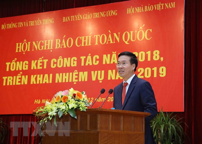 Ủy viên Bộ Chính trị, Bí thư Trung ương Đảng, Trưởng ban Tuyên giáo Trung ương Võ Văn Thưởng phát biểu kết luận Hội nghị Báo chí toàn quốc 2018. (Ảnh: Phương Hoa/TTXVN)