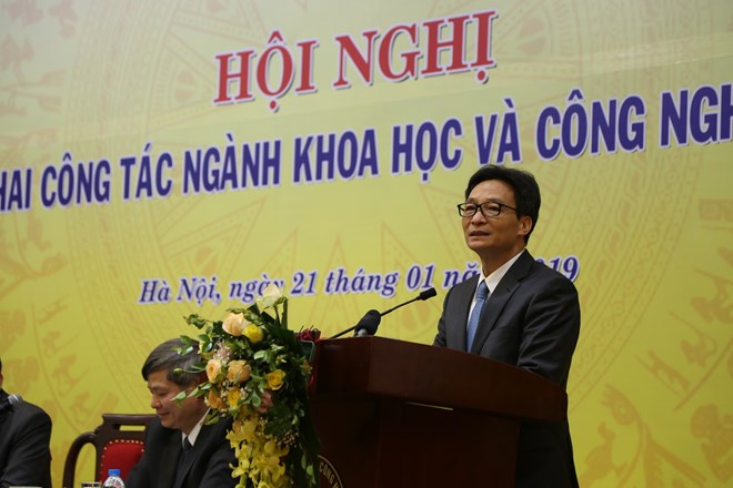 Phó Thủ tướng Vũ Đức Đam ghi nhận những kết quả mà Bộ Khoa học và Công nghệ đạt được trong năm 2018. (Ảnh: Minh Sơn/Vietnam+)