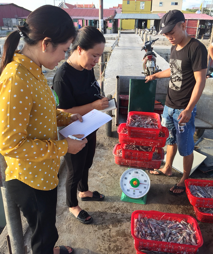 Các thương lái tranh thủ thu mua hải sản ngay tại bến.