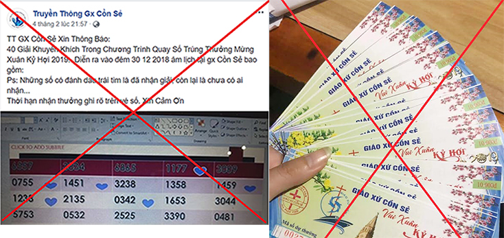 Vé số phát hành tại giáo xứ Cồn Sẻ và thông báo trúng thưởng trên trang fanpage Truyền thông của giáo xứ Cồn Sẻ.