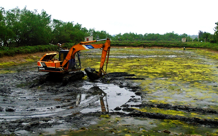 Nông dân xã Võ Ninh (Quảng Ninh) cải tạo ao hồ chu đáo, cẩn thận để diệt mầm bệnh trước khi bắt đầu vụ nuôi mới.