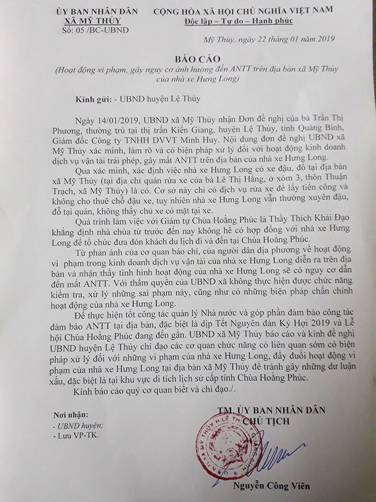 Công văn của UBND xã Mỹ Thủy (Lệ Thủy) khẳng định qua làm rõ với Chùa Hoằng Phúc khẳng định không có hình thức hợp đồng, du lịch của nhà xe Hưng Long tại địa bàn.  