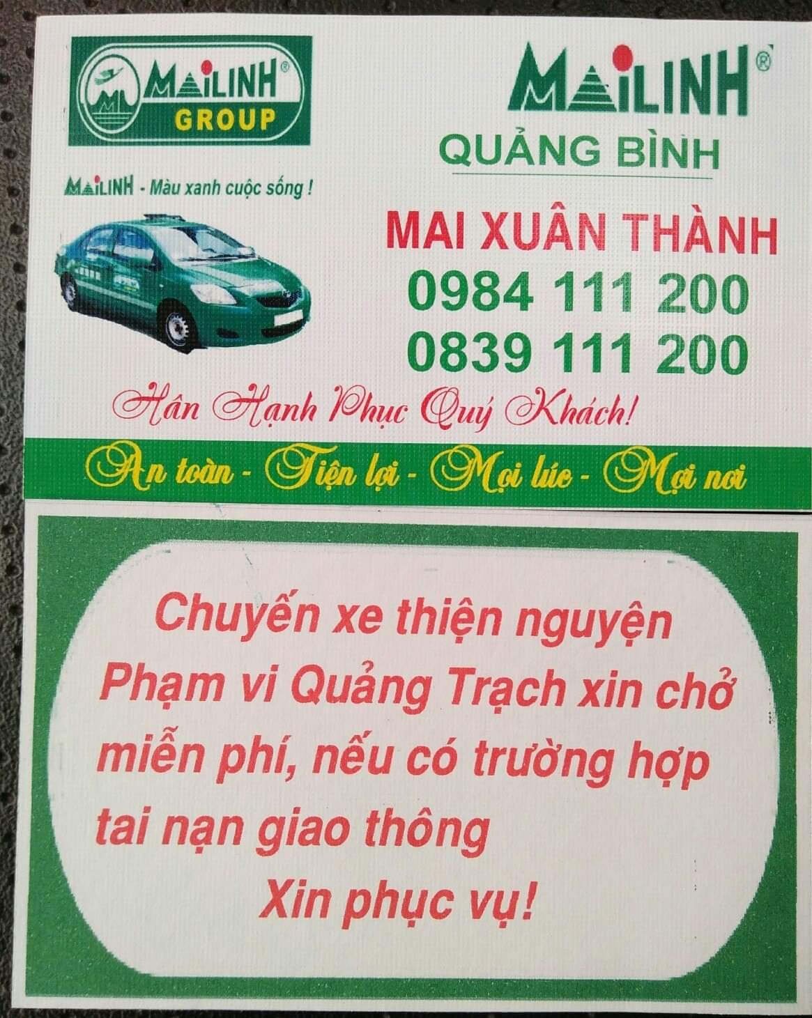 Anh Thành in danh thiếp chở miễn phí các trường hợp bị tai nạn giao thông.