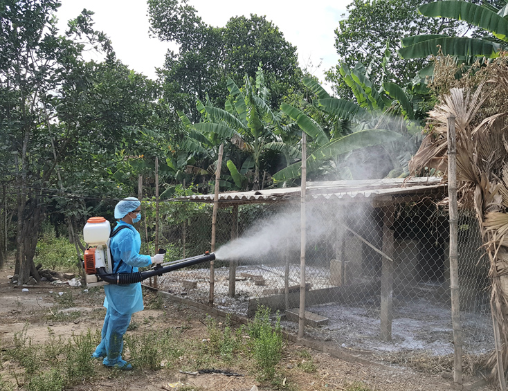 Phun tiêu độc, khử trùng tại địa điểm bùng phát bệnh DTLCP ở xã Đức Hóa.