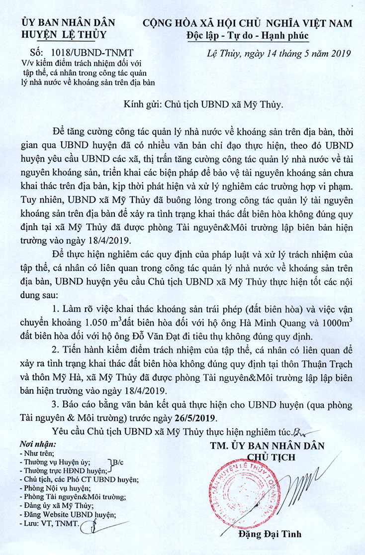 Chủ tịch UBND xã Mỹ Thủy “phớt lờ” công văn chỉ đạo của Chủ tịch UBND huyện.     