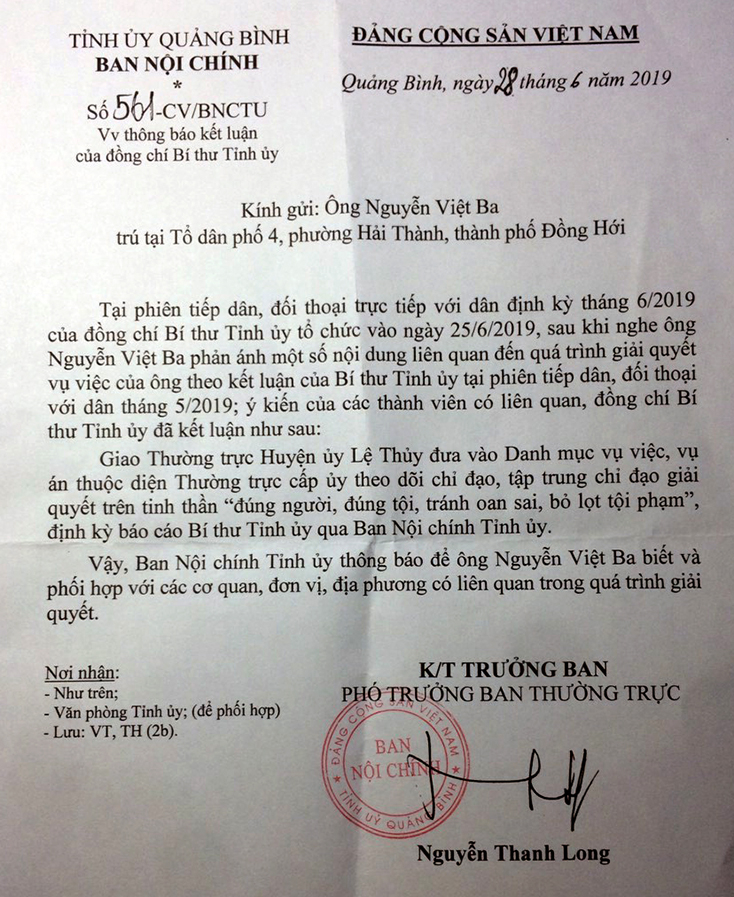 Công văn của Ban Nội chính Tỉnh ủy chỉ đạo Thường trực Huyện ủy Lệ Thủy đưa vụ án vào danh mục các vụ việc, vụ án thuộc diện Thường trực cấp ủy theo dõi chỉ đạo, tập trung giải quyết.  