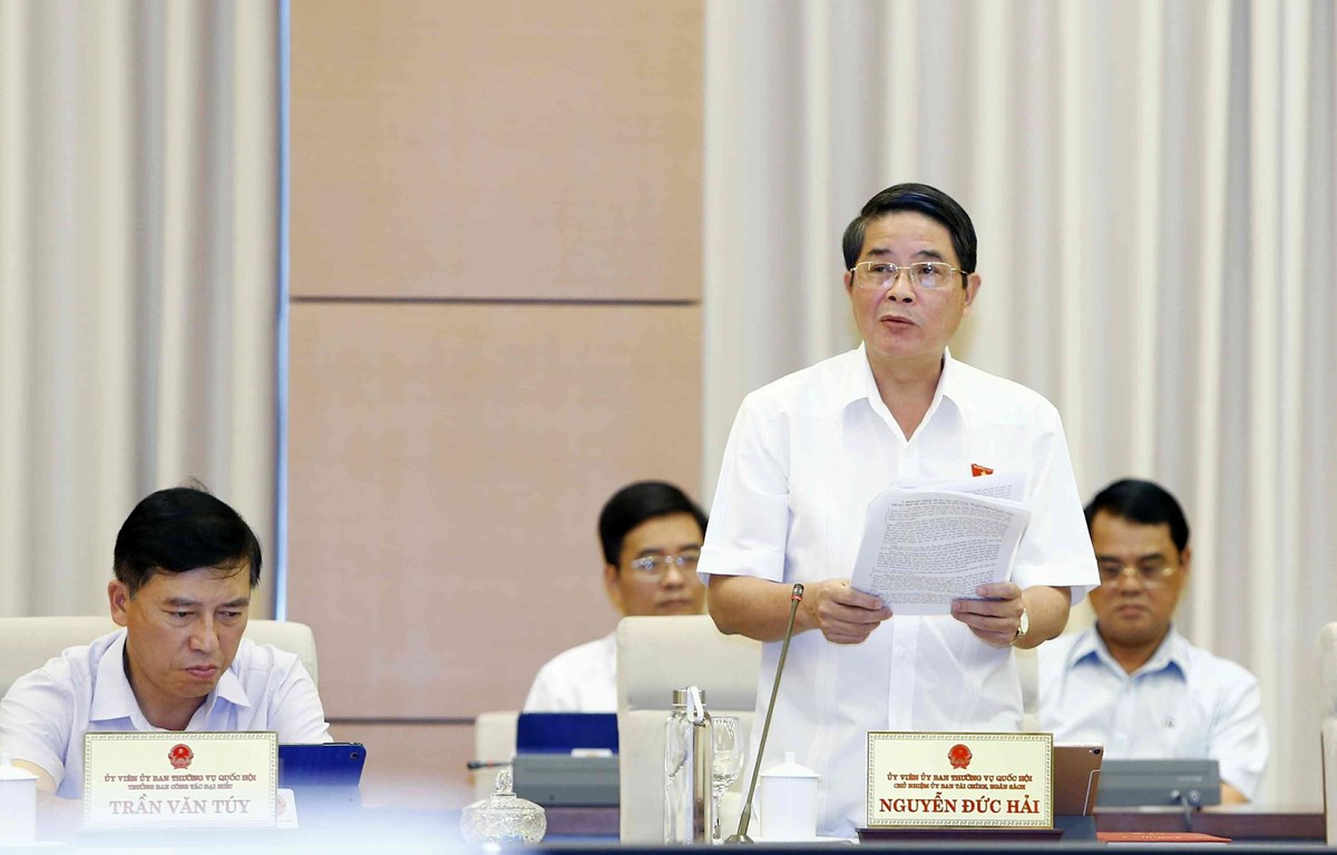 Chủ nhiệm Ủy ban Tài chính, Ngân sách của Quốc hội Nguyễn Đức Hải, Trưởng đoàn Giám sát của Uỷ ban Thường vụ Quốc hội trình bày báo cáo. (Ảnh: Văn Điệp/TTXVN)