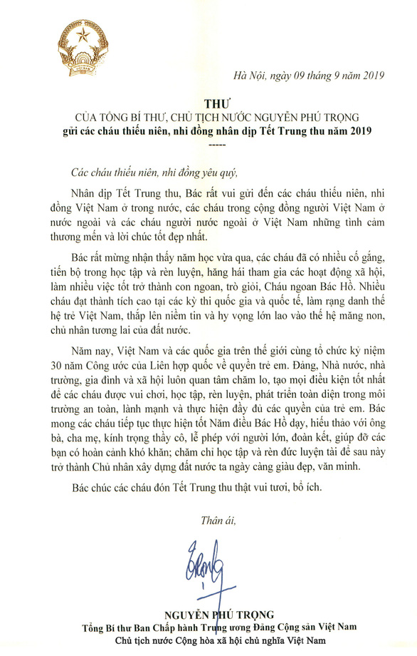Thư của Tổng bí thư, Chủ tịch nước Nguyễn Phú Trọng gửi thiếu niên, nhi đồng nhân dịp Tết Trung thu 2019