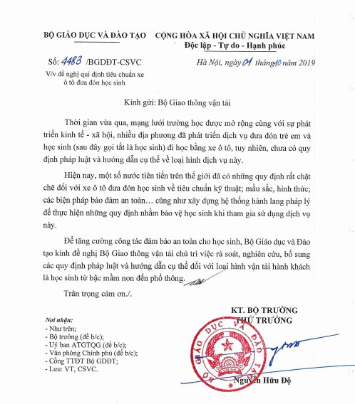 Bộ GD-ĐT đề nghị Bộ GTVT quy định tiêu chuẩn ô tô đưa đón học sinh.