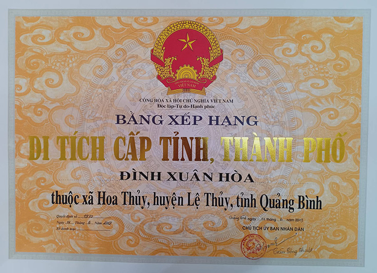  Bằng xếp hạng Di tích cấp tỉnh đình Xuân Hòa