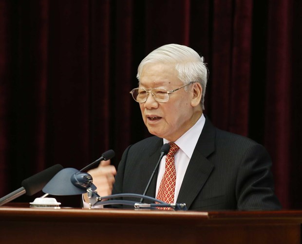 Cong tac chuan bi van kien va nhan su nhin tu Hoi nghi Trung uong 11 hinh anh 1Tổng Bí thư, Chủ tịch nước Nguyễn Phú Trọng phát biểu bế mạc hội nghị. (Ảnh: Phương Hoa/TTXVN)