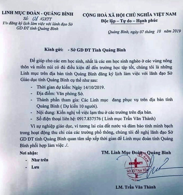 Văn bản của linh mục Trần Văn Thành, quản xứ Tam Tòa