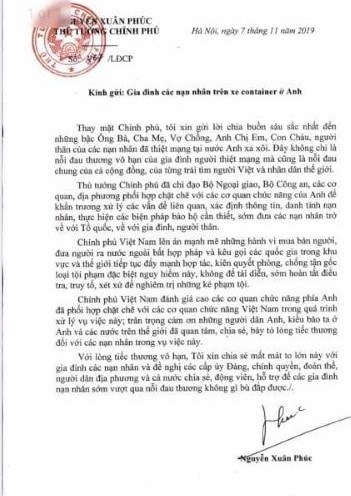 Thủ tướng Nguyễn Xuân Phúc gửi Lời chia buồn với gia đình các nạn nhân thiệt mạng trên xe container ở Anh.