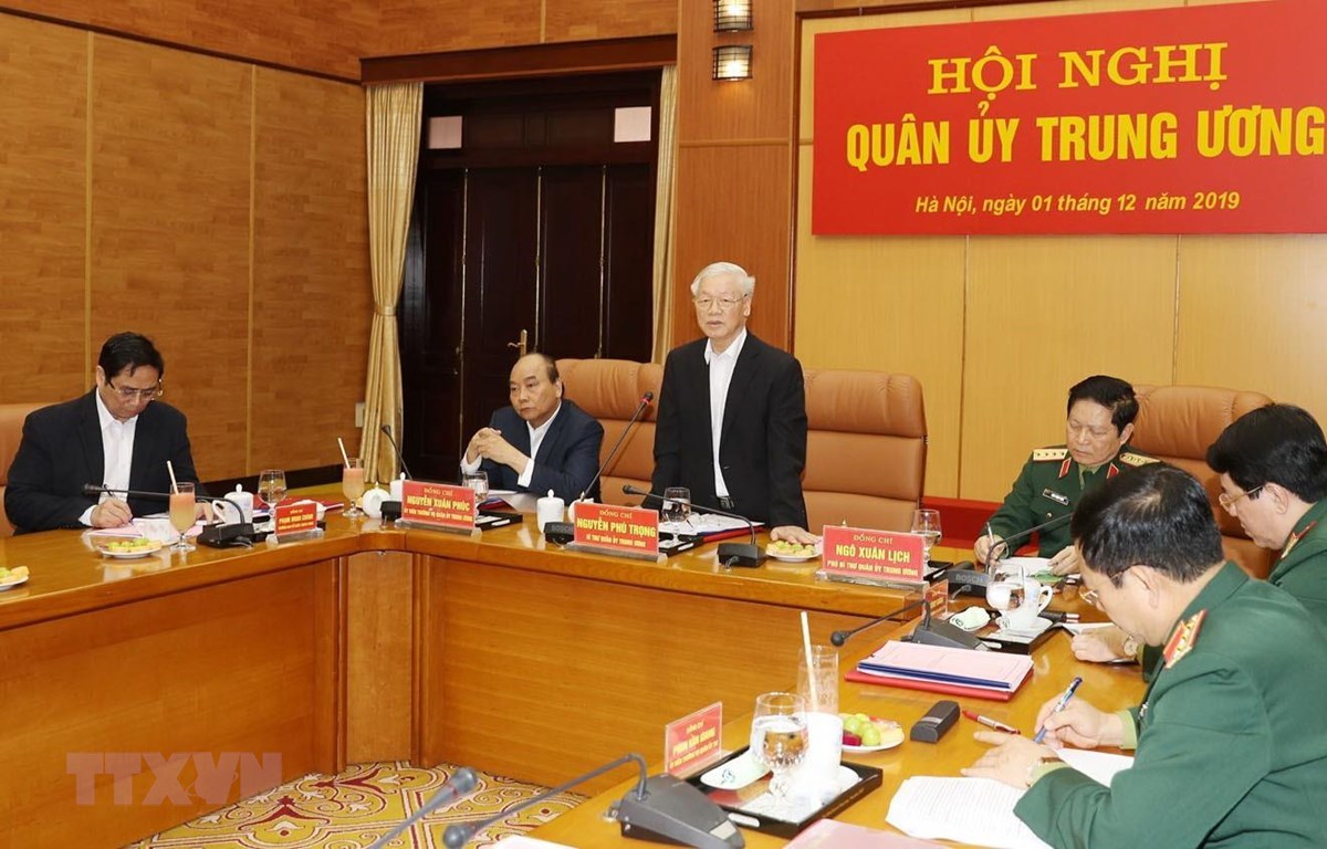 Tổng Bí thư, Chủ tịch nước Nguyễn Phú Trọng, Bí thư Quân ủy Trung ương phát biểu kết luận hội nghị. (Ảnh: Trí Dũng/ TTXVN)