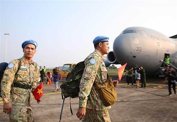 Cán bộ, chiến sĩ Bệnh viện dã chiến cấp 2 số 2 lên đường làm nhiệm vụ tại Phái bộ gìn giữ hoà bình LHQ ở Nam Sudan. (Ảnh: Dương Giang/TTXVN)