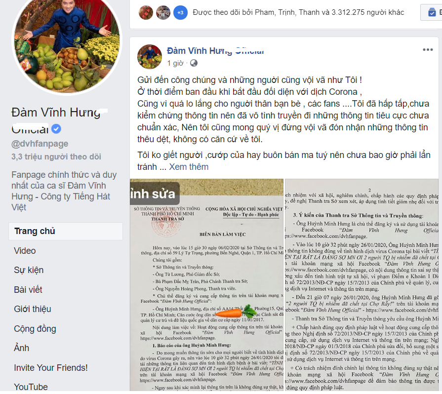 Thông tin đăng cải chính trên fanpage của ca sĩ Đàm Vĩnh Hưng sau khi làm việc với Sở TT&TT.