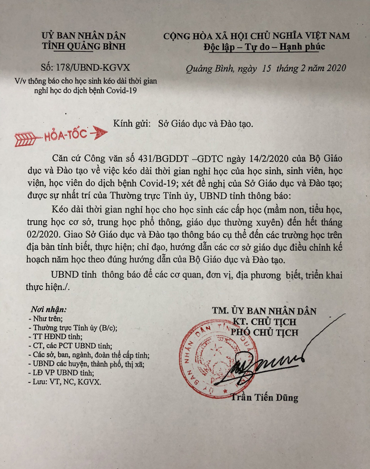 Công văn hỏa tốc của UBND tỉnh Quảng Bình.
