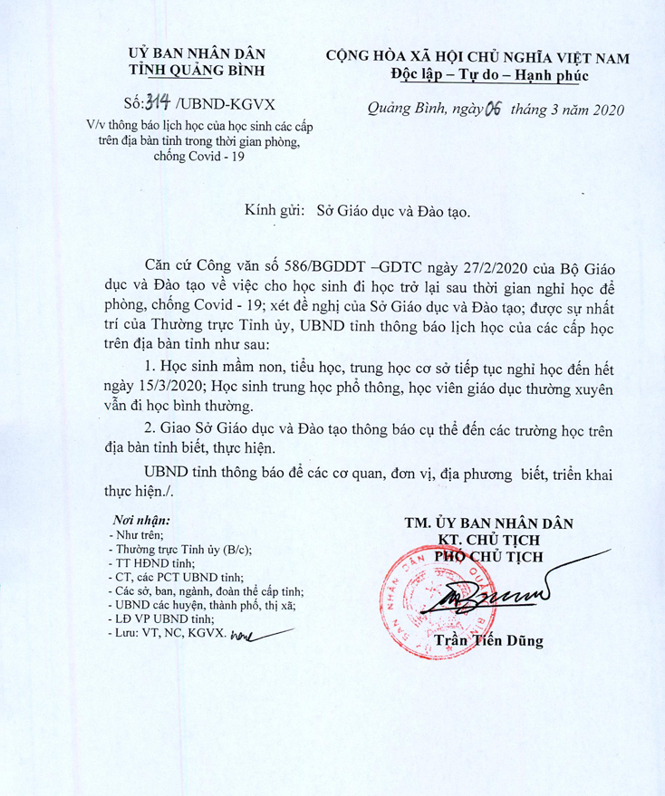 Thông báo lịch học của UBND tỉnh vào trưa ngày 6-3-2020.