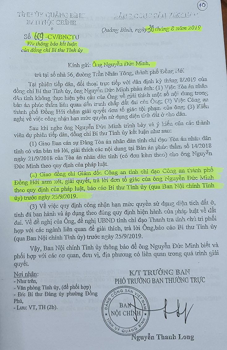 Văn bản của Ban Nội chính Tỉnh ủy thông báo kết luận của đồng chí Bí Thư Tỉnh ủy.