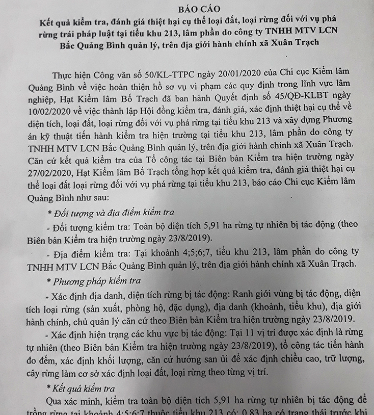 Báo cáo kết quả kiểm tra của Hạt Kiểm lâm huyện Bố Trạch về vụ phá rừng trái pháp luật tại tiểu khu 213 (xã Xuân Trạch, huyện Bố Trạch).